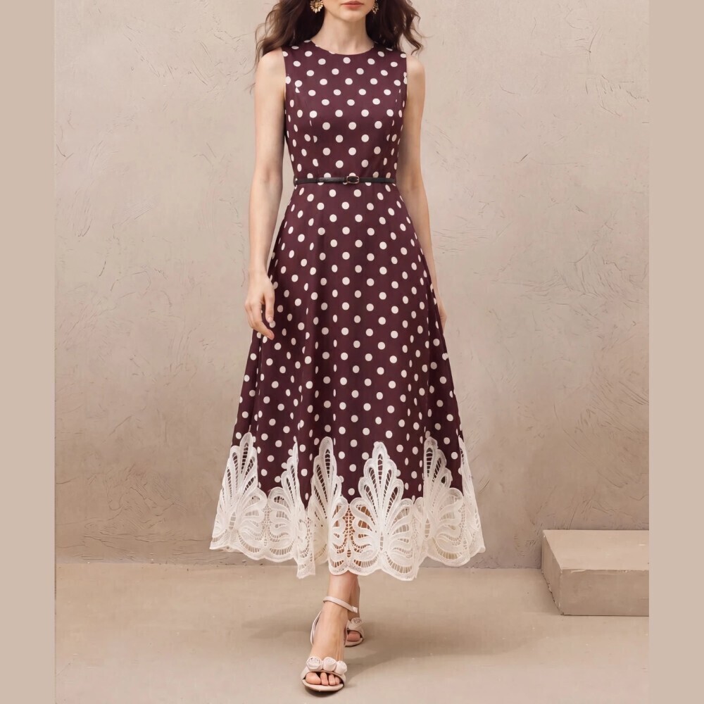Burgundy Polka Dot Sleeveless Maxi Dress with Lace Hem